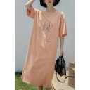 Womens Fashion Round Neck Short Sleeve Letter Character Print Loose Shift T-Shirt Maxi Dress
