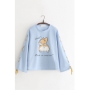 Look AT Corgi Butt Letter Cartoon Dog Printed Round Neck Lace Up Bow Tie Long Sleeve Loose Pullover Sweatshirt