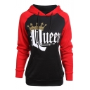Couple KING/ QUEEN Letter Printed in Front Color Block Pullover Hoodie With Pockets