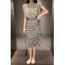 Summer Fashion High Waist Striped Printed Drawstring Side Loose Midi Skirt