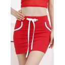 Red Chic Tie Waist Contrast Trim KISSGO Letter Printed Mini Bodycon Skirt