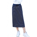Hot Popular High Waist Self-Tie Split Back Casual Loose Leisure Midi Cotton Skirt