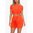 Stand Collar Short Sleeve Umbilical Tee with Elastic Waist Mini Skirt Solid Color Fitted Two Piece Set