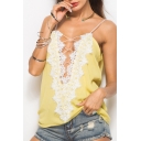 Summer Hot Sexy Boho Straps Sleeveless Lace Up Front Coloblock Lace Patch Cutout Cami Top