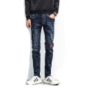 Men's New Fashion Embroidered Detail Dark Blue Slim Fit Vintage Trendy Ripped Jeans