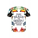 Summer New Stylish Letter FROM BEACH TO DESERT Bird Floral Pattern Round Neck Short Sleeve White T-Shirt