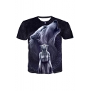 Mens Hot Popular 3D Wolf Figure Galaxy Pattern Short Sleeve Round Neck Casual Black T-Shirt