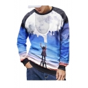 Creative Hot Fashion Paint Galaxy 3D Printed Round Neck Long Sleeve Blue Pullover Sweatshirts