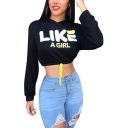 New Trendy Black LIKE A GIRL Letter Printed Long Sleeve Cropped Pullover Hoodie