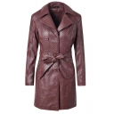 Plain Notched Lapel Collar Double-Breasted Button Tie Waist PU Long Jacket Coat