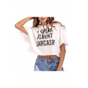 Summer Fashion Letter SARCASM Print Batwing Short Sleeve Cropped Hooded Tee Top