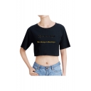 New Stylish Letter Printed Round Neck Short Sleeve Cropped T-Shirt For Women
