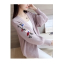 Ladies Casual Autumn Winter Floral Embroidered Print Bloomed Sleeve Cardigan Knitwear