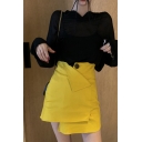 Summer One Button Embellished Yellow Asymmetric Mini Skirt