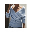 Womens Sexy Plain Drop Sleeve Boxy Knitted Sweater