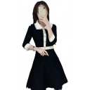 Womens New Trendy Lapel Collar Half Sleeve Single Breasted Up Contrast Piping Pleated A-Line Mini Dress