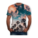 New Arrival Summer Mens Short Sleeve Round Neck Sky Tree Printed Classic Pullover T Shirt