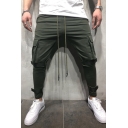 Men's Fashion Flap Pocket Side Velcro Tape Design Simple Plain Drawstring Waist Slim Sports Pencil Pants