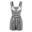 Vertical Striped Printed Straps Sleeveless Rolled Hem Button Embellished Rompers