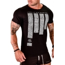 Short Sleeve Round Neck Letter Printed Stretch Slim Fitted Mens Tee