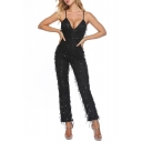 Womens Sexy Black Deep V-Neck Sleeveless Zip Back Slim Sequined Jumpsuits