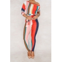 Womens Elegant One Shoulder Sleeve Tie Waist Multicolor Striped Bodycon Jumpsuits