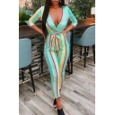 Trendy Green Plunge V Neck 3/4 Sleeve Tie Waist Colorblock Striped Slim Holiday Jumpsuits