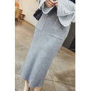 New Stylish Plain High Waist Slit Back Pocket Front Midi Knitted Skirt for Women