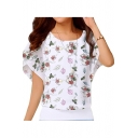 Round Neck Sheer Flared Sleeve Floral Printed Loose Elegant Chiffon T Shirt