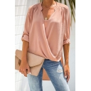 Womens Unique Solid Color V-Neck Long Sleeve Dipped Hem Wrapover Chiffon Blouse