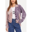 Unique Trendy Colorblock Two-Tone Notched Lapel Collar Single Breasted Pink and Purple Jacket