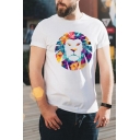Mens Funny Short Sleeve Round Neck Lion Printed Funny Basic Slim Fitted White T Shirt