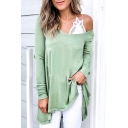 Womens New Arrival Plain Oblique Round Neck Long Sleeve Light Green Casual Tunic T-Shirt