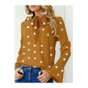 Hot Fashion Polka Dot Printed Knotted Front Bell Long Sleeve Blouse Top
