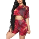 Womens Hot Popular Boxy Ombre Print Boat Neck Half Sleeve Bare Midriff Tops with Elastic Wiast Shorts Two-Piece Set