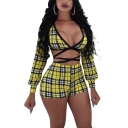 Ladies Yellow Plaid Print V Neck Long Sleeve Side-Tie Tops with Skinny Shorts Two Piece Set