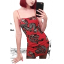 Hot Fashion Square Neck Sleeveless Dragon Pattern Bodycon Mini Cami Dress