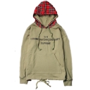 Hot Trendy Letter Plaid Pattern Drawstring Hooded Long Sleeve Army Green Casual Sports Hoodie