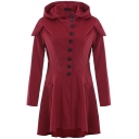 Women's Wine Red Solid Color Single Breasted Long Sleeve Swallowtail Longline Simple Hooded Coat