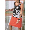New Trend Vintage Round Neck Sleeveless Geometric Character Print Midi Shift T-Shirt Tank Dress