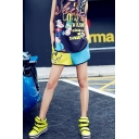 New Arrival Elastic Waist Contrast Trim Smile Face Letter Cartoon Printed Colorblock Patch Casual Leisure Shorts