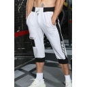 Men's Fashion Colorblock Patched Letter Printed Drawstring Waist Cropped Sports Sweatpants