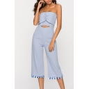 Stylish Baze Blue Strapless Sleeveless Hollow Out Knotted Front Patch Fringe Hem Bandeau Rompers