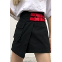 Summer Simple Plain Vintage Bucket Waist Asymmetric Hem Mini A-Line Skirt with Pocket