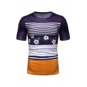 Summer Trendy Round Neck Short Sleeve Coloblock Striped Floral Printed Slim Fit T-Shirt