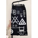 New Arrival Black High Waist Letter Printed Stretch Slim Fit Midi Knitted Pencil Skirt