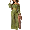 Off Shoulder Puff Sleeve Cropped Top with High Waist Slit Side Fringe Hem Sheer Cutout Casual Two-Piece Set for Girls