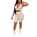 Womens Sexy Plunge V-Neck Stand Collar Crop Top with Skinny Shorts White Sequined Two-Piece Set