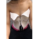 Summer Beige Strapless Zip Front Colorblock Hot Sexy Bandeau Tee for Women