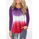 Womens New Stylish Ombre Color Round Neck Long Sleeve Button Down Pleated T-Shirt